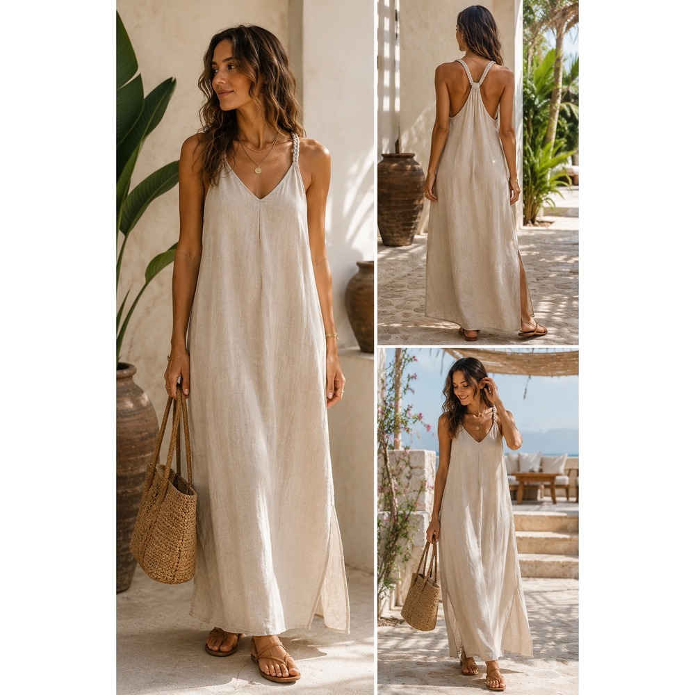 Rachel Zoe Womens Beige 100% Linen Sheer Braided Racerback Maxi Dress Size Small